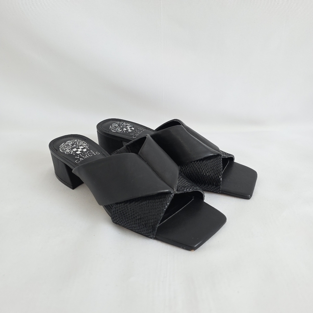 Vince Camuto Seedanta Leather Block Heel Black Slide Sandals - Picture 5 of 6